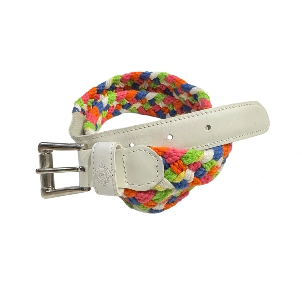Vintage 1980s Liz Claiborne Braided Belt | Multicolor Cotton White Leather Trim